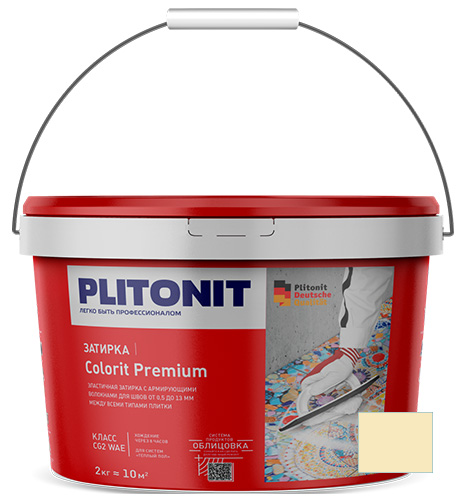 Затирка для швов с армирующими волокнами PLITONIT СOLORIT PREMIUM мокрый светло-желтая, ведро 2 кг